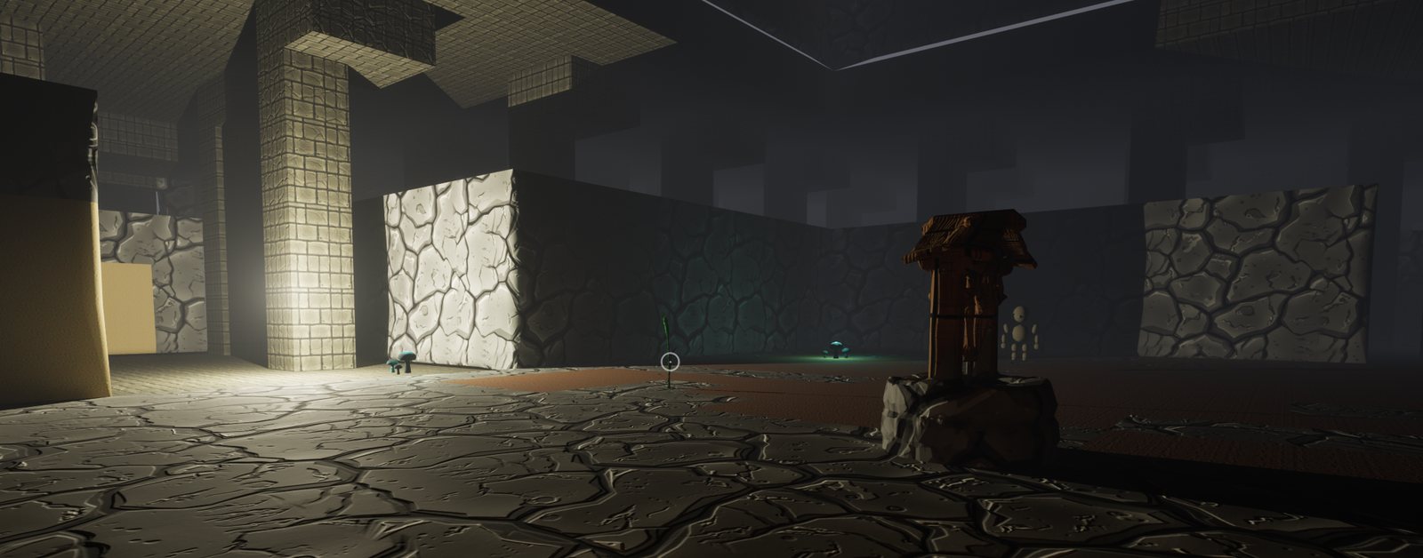 The starting hall: a Well on the stone floor, glow mushrooms at the base of the walls, a dwarf in the distance